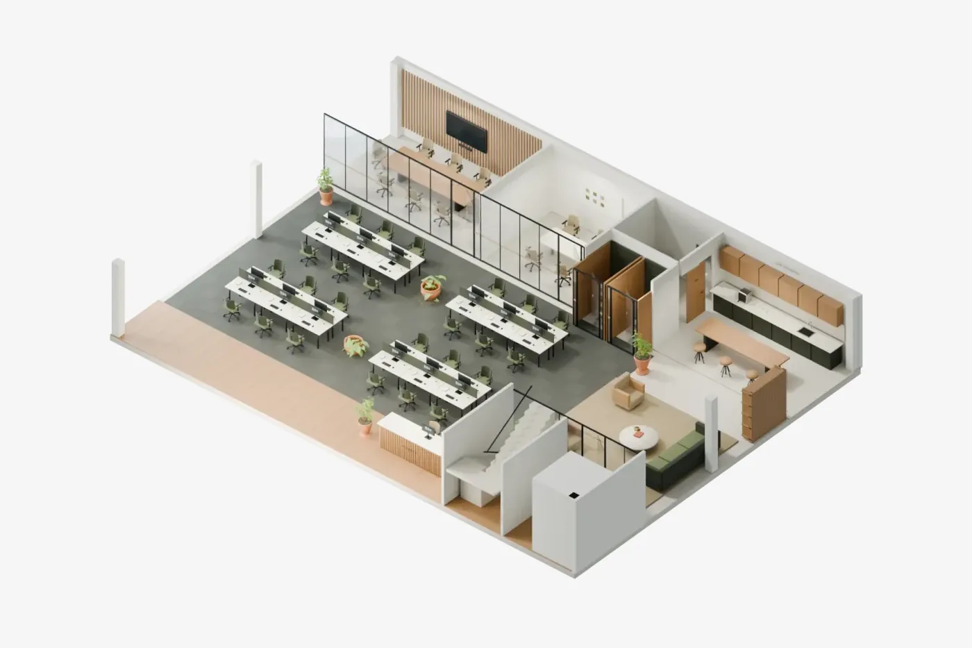 Distribución de ejemplo de una planta de oficinas en 3D, con puestos de trabajo y salas de reuniones
