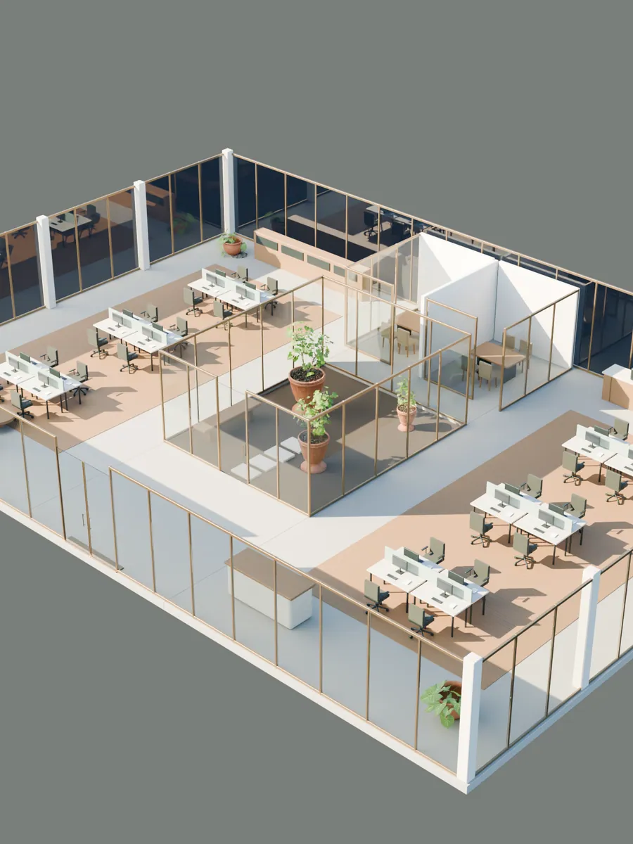 Planta de oficinas de ejemplo amueblada, con puestos, salas y patio