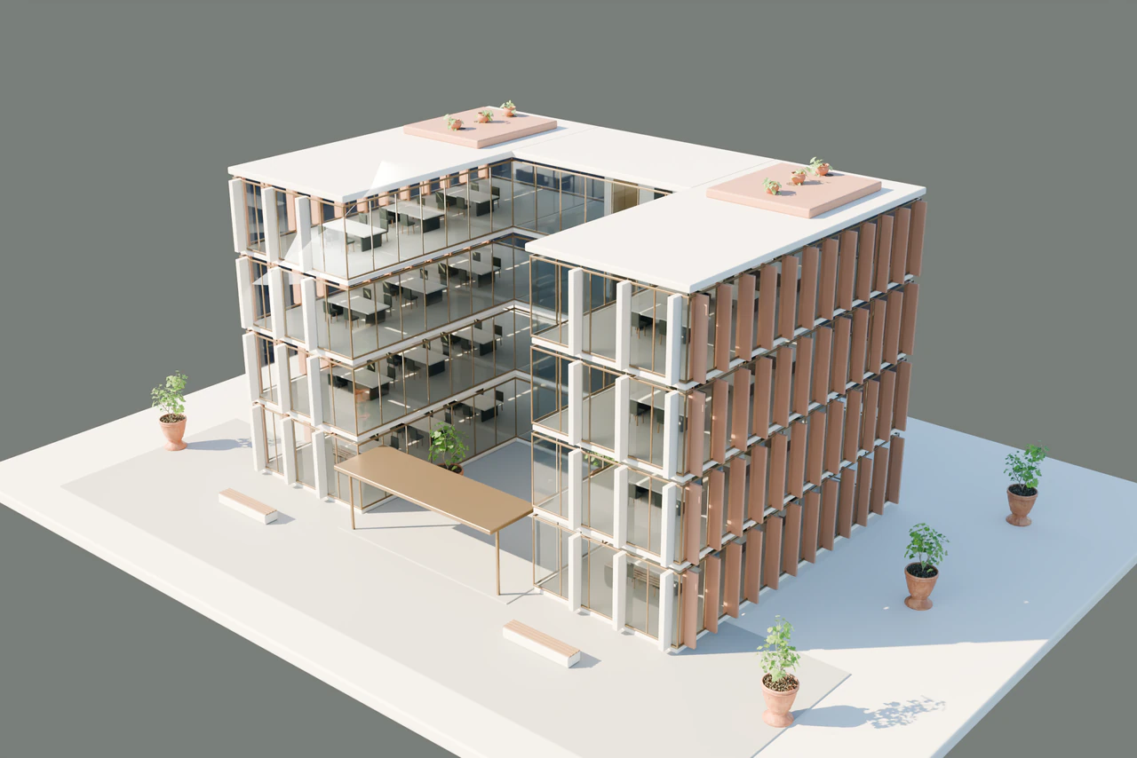 Edificio de oficinas de ejemplo de cuatro plantas alrededor de un patio