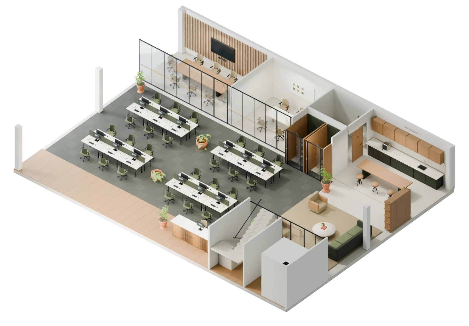 Planta de oficina amueblada vista desde arriba en 3D